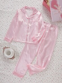女孩舒適居家服，條紋印花睡衣，袖口與下擺飾有精緻粉色蕾絲邊，增添柔和質感，長袖翻領開襟衫搭配長褲，休閒舒適兩件式居家服套裝 - 彩色 - 查看 4