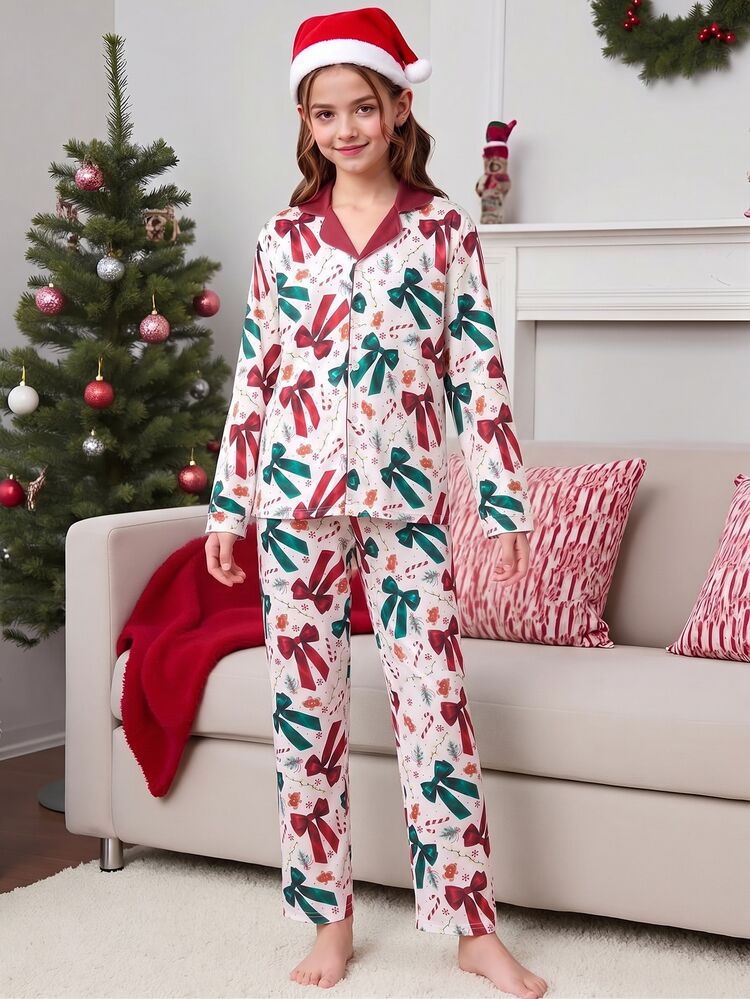Tween Girl Pajamas Bow 2pcs Autumn/Winter Christmas Button-Down Long Sleeve Pants Print Brown - Multicolor - View 9