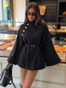 Aloruh 女款純色時尚百搭日常穿搭大衣披風外套,秋季女裝黑色羊毛混紡披風大衣,附收腰腰帶 - 黑色 - 查看 6