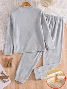 Tween Boy Light Gray Plush Letter Embroidered Top And Pants Casual Minimalist 2 Pieces Set - Grey - View 4