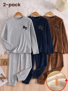 Tween Boy Light Gray Plush Letter Embroidered Top And Pants Casual Minimalist 2 Pieces Set - Grey - View 2