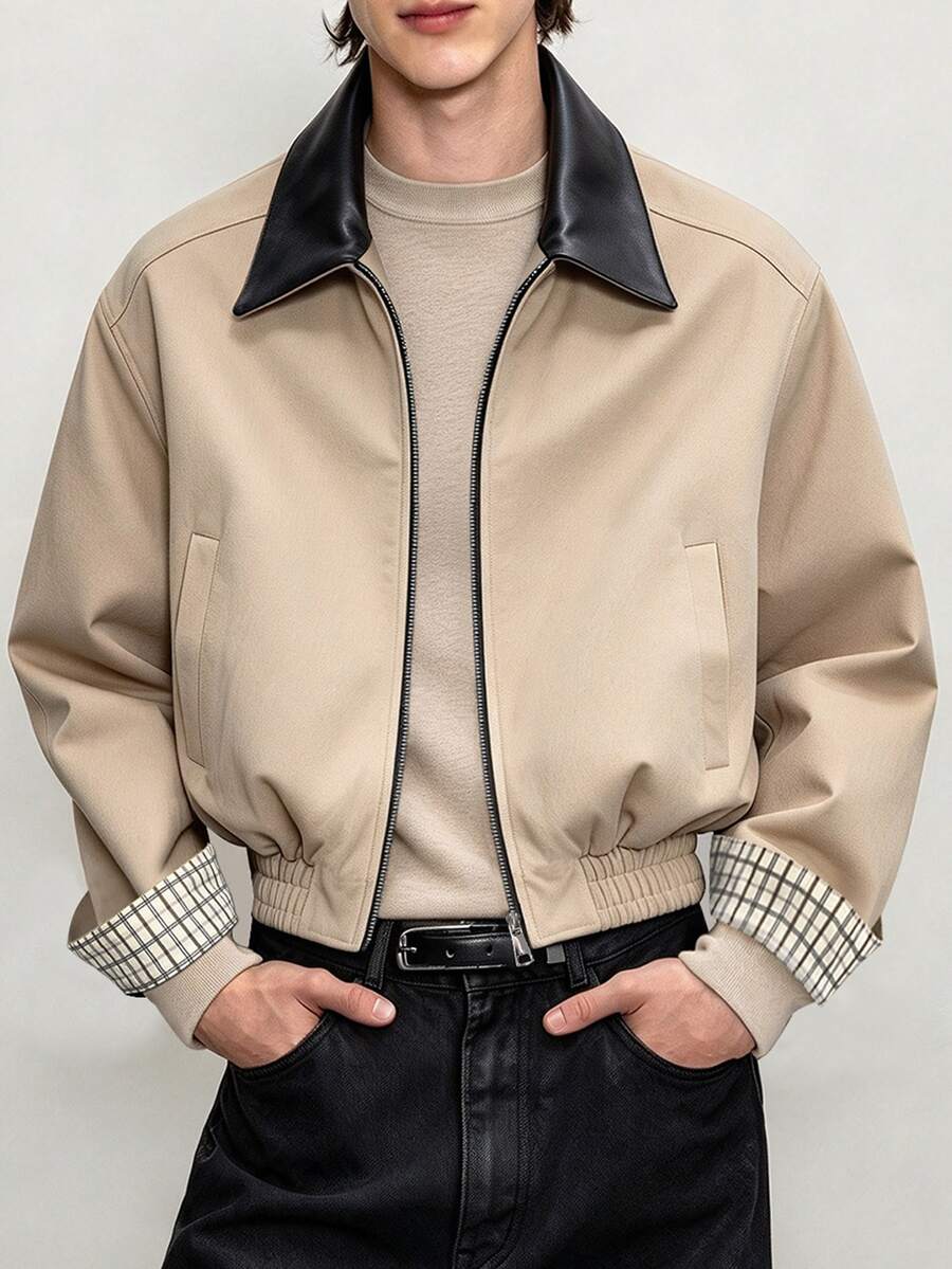 ÉpureWay 結構感剪裁 Harrington 夾克，配有簡約拉鍊與前側口袋，英式格紋內裡增添設計感，下擺彈性側片兼顧舒適與修身，送給丈夫或男友的完美禮物 - 卡其色 - 查看 1