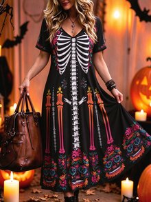 SHEIN LUNE Women's Mid-Length Dress Vacation Casual Print Skull Short Sleeve V-Neck Autumn And Winter Halloween - Multicolor - View 1