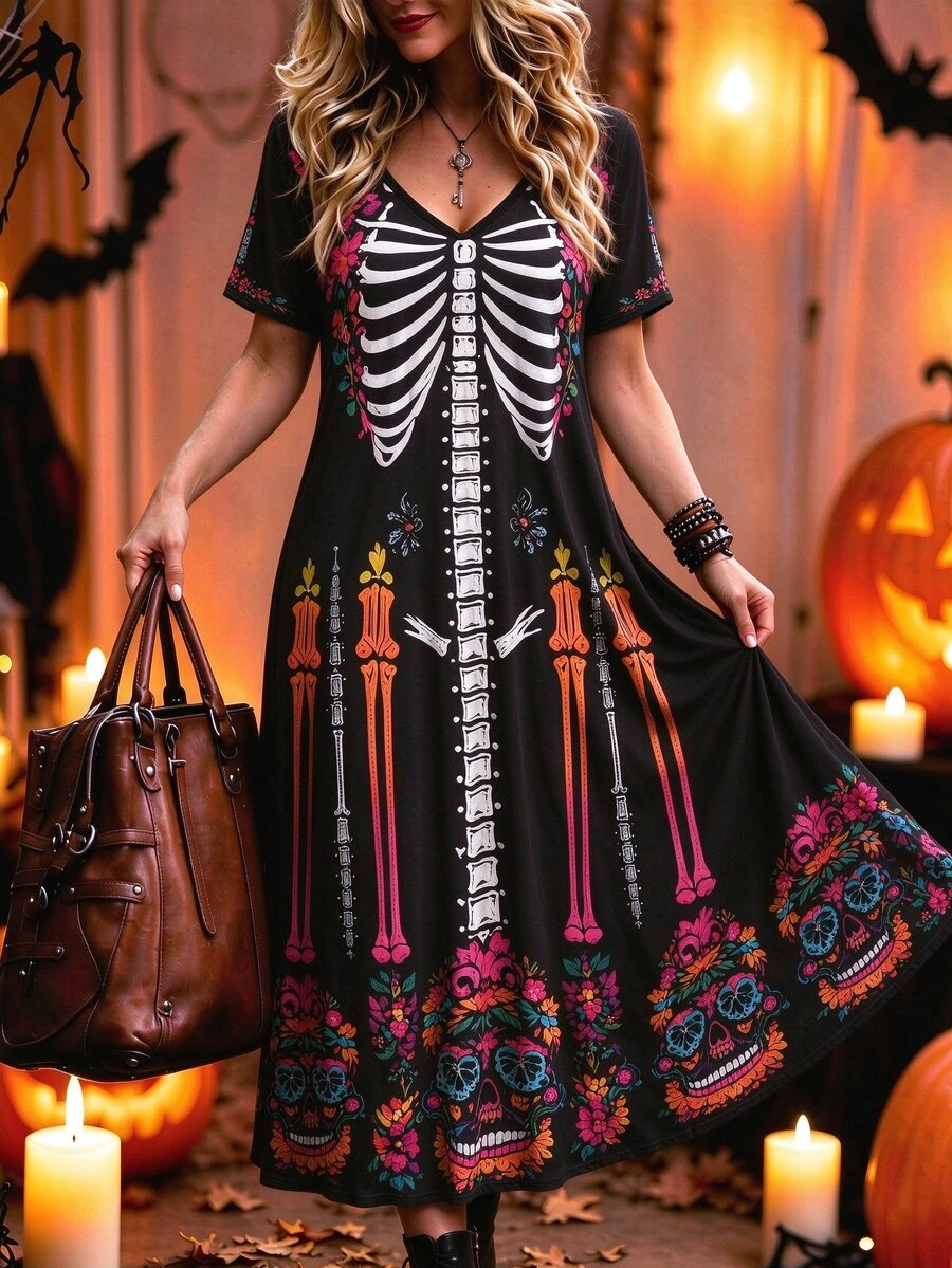 SHEIN LUNE Women's Mid-Length Dress Vacation Casual Print Skull Short Sleeve V-Neck Autumn And Winter Halloween - Multicolor - View 1