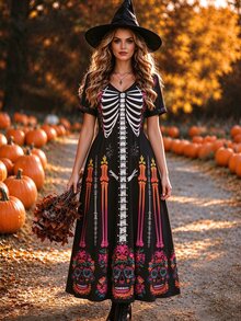 SHEIN LUNE Women's Mid-Length Dress Vacation Casual Print Skull Short Sleeve V-Neck Autumn And Winter Halloween - Multicolor - View 3