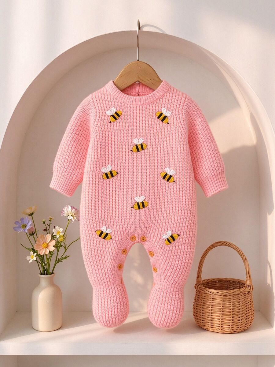 SHEIN 1pc Beige Newborn Baby Sweater Jumpsuit With Socks, Round Neck Long Sleeve, Cute Bee Embroidery, Simple Jumpsuit Autumn Winter - Baby Pink - View 1