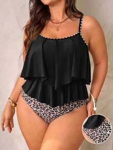 SHEIN Swim Curve Plus Size Women 2-Piece Set Black Beige Spaghetti Strap Double Layer Ruffle Hem Top Ruched Ruffle High Waist Pants, Summer Beach Party Vacation Sexy - Multicolor - View 4