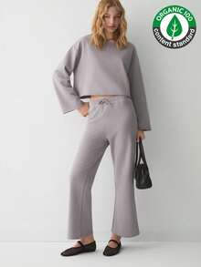 SEDNA Women's Wide And Round Neck Wide Leg Organic Cotton Sweatpant And Sweatshirt Set - Purple - View 1