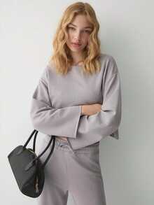 SEDNA Women's Wide And Round Neck Wide Leg Organic Cotton Sweatpant And Sweatshirt Set - Purple - View 6