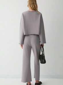 SEDNA Women's Wide And Round Neck Wide Leg Organic Cotton Sweatpant And Sweatshirt Set - Purple - View 2