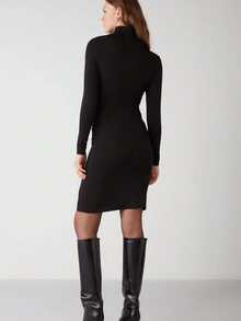 Women's Solid Color Minimalist Long Sleeve Turtleneck Dress - Black - View 2