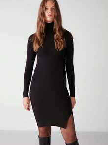 Women's Solid Color Minimalist Long Sleeve Turtleneck Dress - Black - View 6