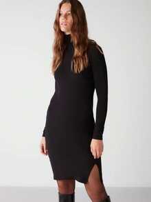 Women's Solid Color Minimalist Long Sleeve Turtleneck Dress - Black - View 3