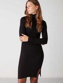 Women's Solid Color Minimalist Long Sleeve Turtleneck Dress - Black - View 4