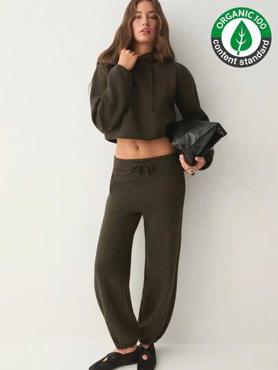 AYATRE Women's Organic Cotton Fleece-Lined Hooded Regular Fit Elastic Waist Khaki Tracksuit Set