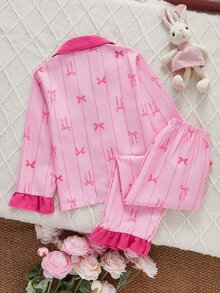 SHEIN 甜美風粉色條紋蝴蝶結拼接印花長袖開襟衫與長褲兩件套，女童休閒舒適居家服 - 彩色 - 查看 3