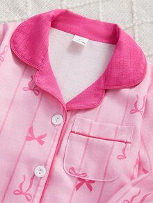 SHEIN 甜美風粉色條紋蝴蝶結拼接印花長袖開襟衫與長褲兩件套，女童休閒舒適居家服 - 彩色 - 查看 8