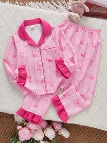 SHEIN 甜美風粉色條紋蝴蝶結拼接印花長袖開襟衫與長褲兩件套，女童休閒舒適居家服 - 彩色 - 查看 7
