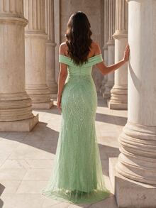 Coutiva Women's Sequin Embroidered Square Neck Long Formal Elegant Romantic Queen Evening Graduation Gala Dinner Wedding Ninang Gown Sage Green Fall - Green - View 3