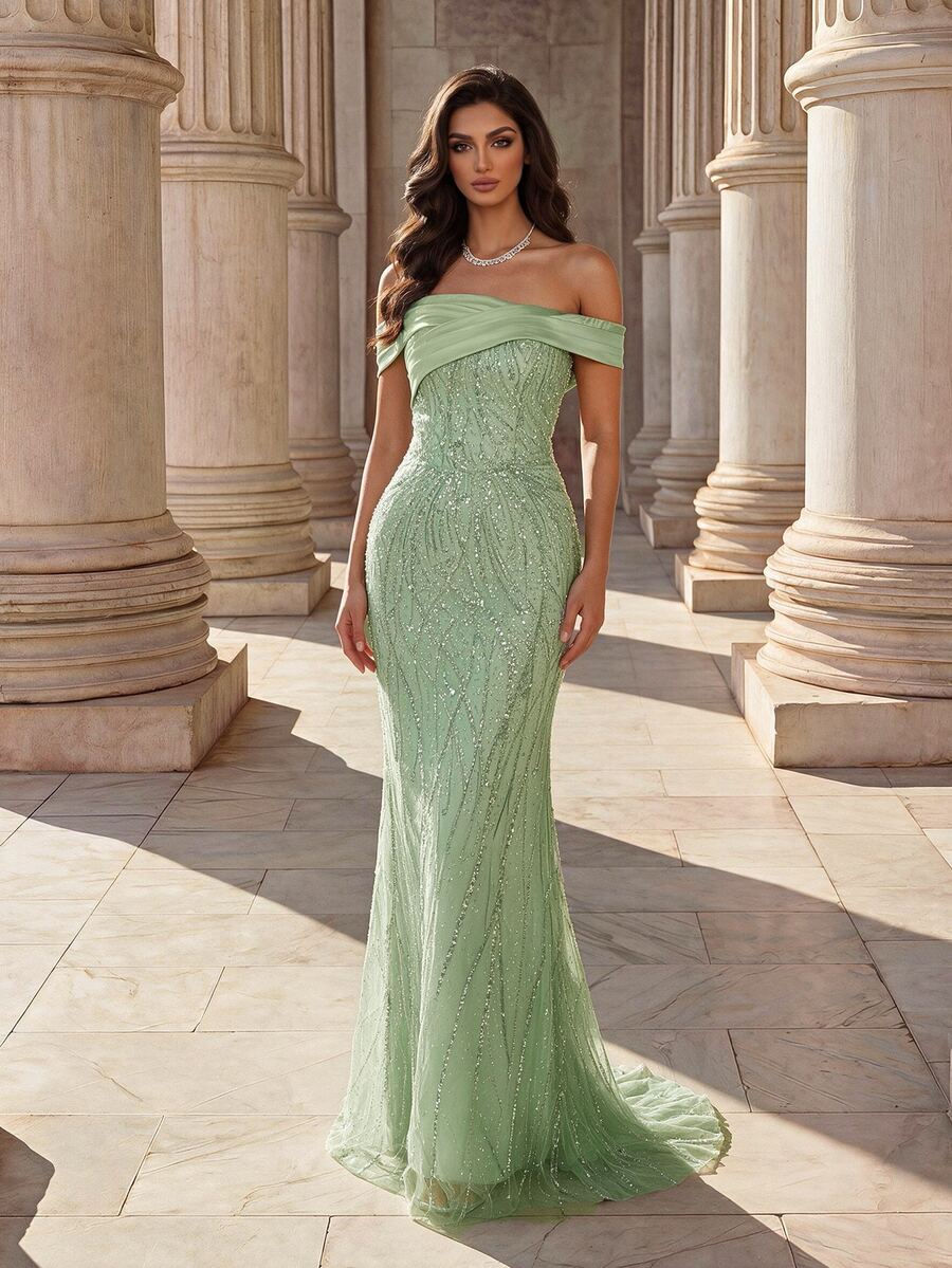 Coutiva Women's Sequin Embroidered Square Neck Long Formal Elegant Romantic Queen Evening Graduation Gala Dinner Wedding Ninang Gown Sage Green Fall