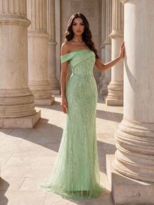 Coutiva Women's Sequin Embroidered Square Neck Long Formal Elegant Romantic Queen Evening Graduation Gala Dinner Wedding Ninang Gown Sage Green Fall - Green - View 6