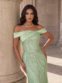 Coutiva Women's Sequin Embroidered Square Neck Long Formal Elegant Romantic Queen Evening Graduation Gala Dinner Wedding Ninang Gown Sage Green Fall - Green - View 4