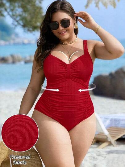 SHEIN Swim Curve Maillot de bain une-pièce plissé de couleur unie pour femmes grandes tailles, décontracté, pour l'été