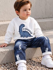 SHEIN 2pcs Toddler Boy Sweatshirt Pants Set Cute White Blue Dinosaur Ripped Print Long Sleeve Round Neck Regular Birthday Party Fall Halloween Winter Chic - Blue - View 1