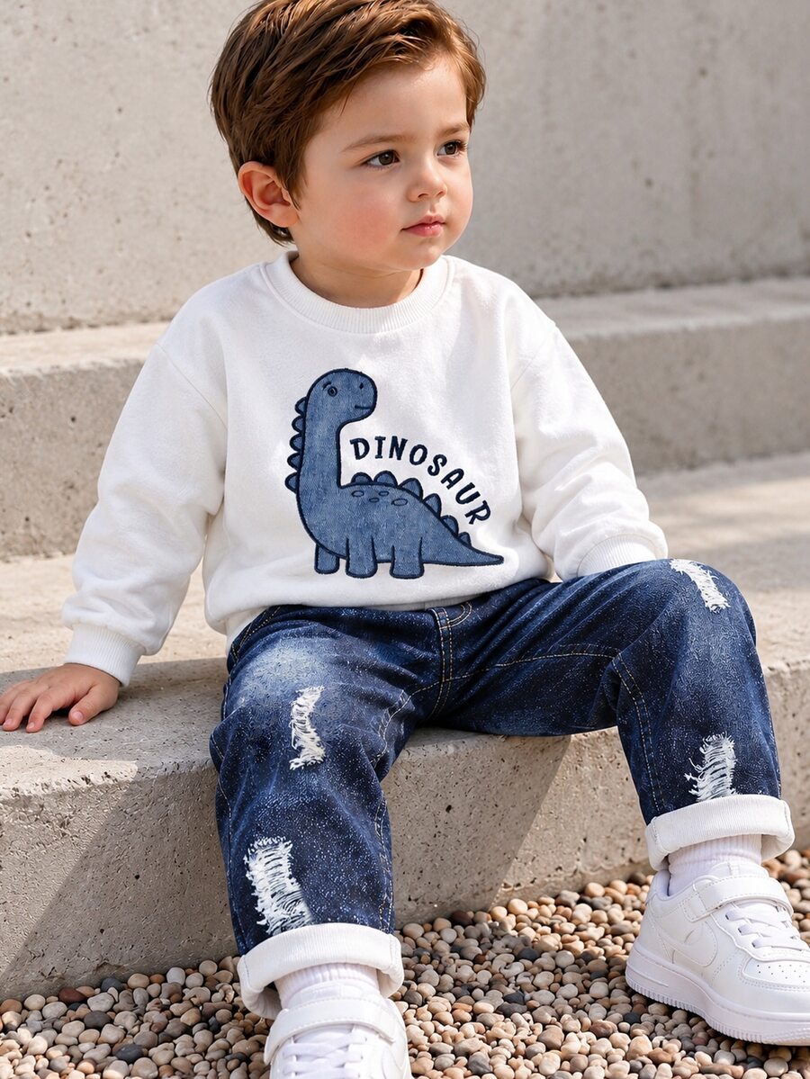 SHEIN 2pcs Toddler Boy Sweatshirt Pants Set Cute White Blue Dinosaur Ripped Print Long Sleeve Round Neck Regular Birthday Party Fall Halloween Winter Chic - Blue - View 1