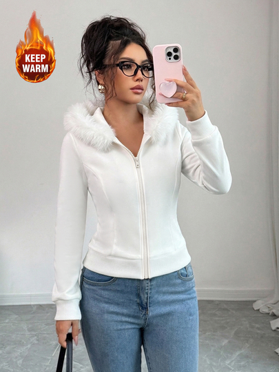 Elenzga Plus Size Women Solid Black Zip Up Faux Fur Trim Hooded Jacket Thermal Lined Thick Slim Fit Long Sleeve Casual Daily Going Out Winter Sweatshirt Coat