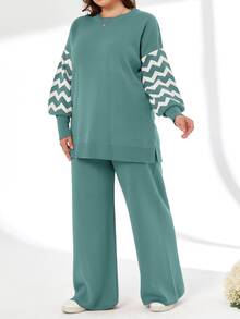 SHEIN Cottnline Striped Color Block Sweater And Pants Two Pieces Set - Mint Green - View 3