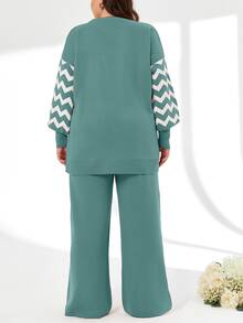 SHEIN Cottnline Striped Color Block Sweater And Pants Two Pieces Set - Mint Green - View 2