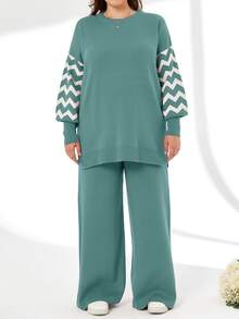 SHEIN Cottnline Striped Color Block Sweater And Pants Two Pieces Set - Mint Green - View 4