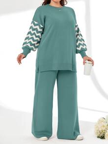 SHEIN Cottnline Striped Color Block Sweater And Pants Two Pieces Set - Mint Green - View 5
