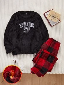 男孩睡衣，黑色極簡時尚字母刺繡，百搭紅色格紋元素抓絨，簡約長袖長褲印花抓絨 2 件套家居服，送給男孩的最佳禮物 - 黑色 - 查看 4