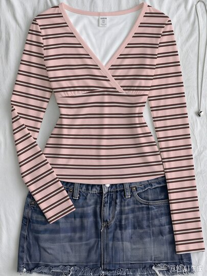 Teen Girls V-Neck Long Sleeve Casual Cute Versatile T-Shirt