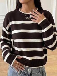 SHEIN 青少年女孩棕色白色條紋圓領毛衣，適合秋冬返校穿著 - 咖啡棕 - 查看 1