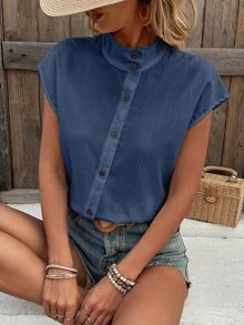 Holdful Holdful Women Stand Collar Short Sleeve Diagonal Buttoning Summer Shirt - Dusty Blue - View 5