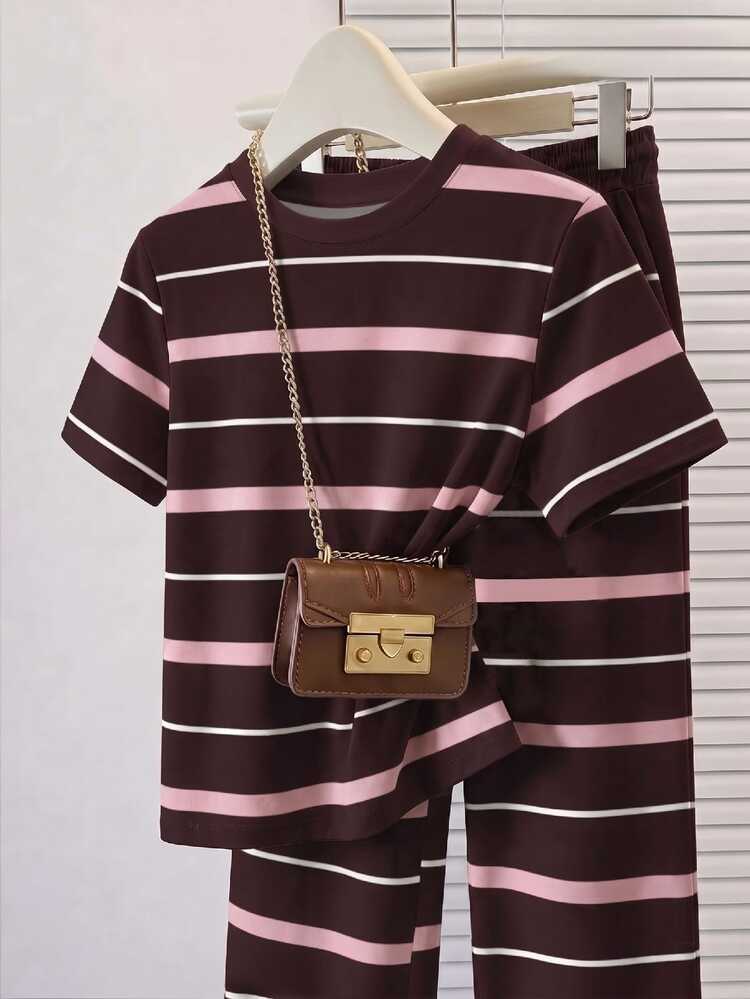 Muvela 2pcs Set Embroidered Round Neck Short Sleeve Top And Striped Print Pants, Casual - Multicolor - View 1