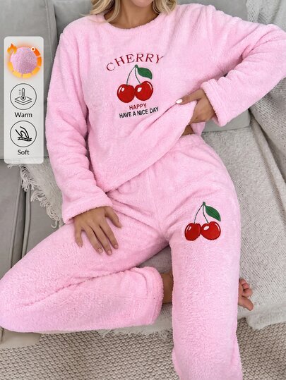 SHEIN Cottnline Wellsoft pyjamasset för kvinnor med körsbärsmotiv, slogan och äkta brodyr, långärmad topp och långa byxor, avslappnat och sött sov- och loungekläder för vintern