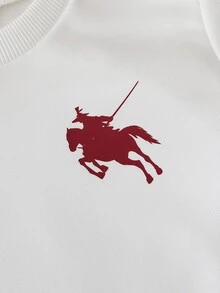 SHEIN 2件組小男孩套裝，經典馬匹刺繡對比側條紋圓領運動衫白色紅色慢跑褲運動服套裝，秋季海灘套裝 - 酒紅色 - 查看 5