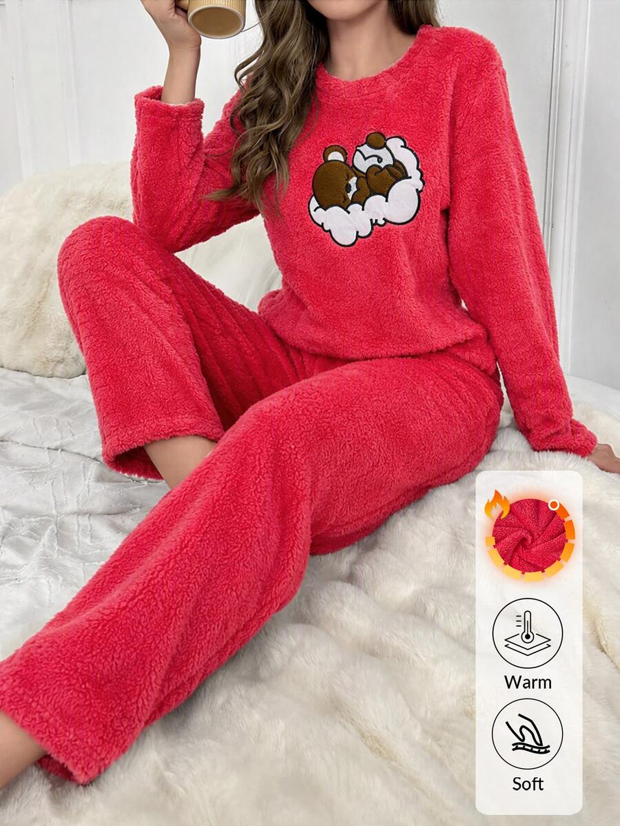 SHEIN Pink Hot Pink Fuzzy Plush Sleeping Bear Applique Cozy Winter Homewear Pajama Set Sleep Kawaii Cute