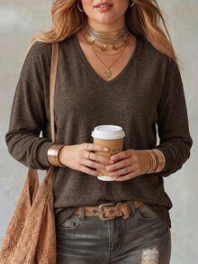 INAWLY Women Plus Size V-Neck Long Sleeve Loose Soft Knit Sweater For Autumn/Winter Fall Cloth For Women - Coffee Brown - View 5