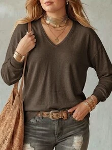 INAWLY Women Plus Size V-Neck Long Sleeve Loose Soft Knit Sweater For Autumn/Winter Fall Cloth For Women - Coffee Brown - View 4