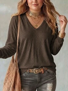 INAWLY Women Plus Size V-Neck Long Sleeve Loose Soft Knit Sweater For Autumn/Winter Fall Cloth For Women - Coffee Brown - View 3