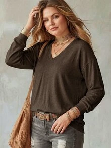 INAWLY Women Plus Size V-Neck Long Sleeve Loose Soft Knit Sweater For Autumn/Winter Fall Cloth For Women - Coffee Brown - View 6