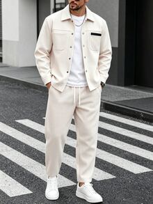 Manfinity Homme 米色羊毛男士商務機場度假西裝，領口與口袋細節，街頭風休閒兩件套，秋季服飾黑白配色 - 杏色 - 查看 4