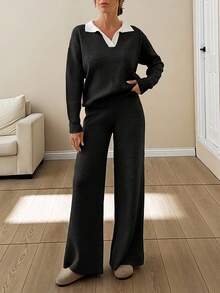 SHEIN PETITE WOMEN SOFT TOUCH POLO NECK SWEATER AND SWEATER PANT Two Pieces OUTFİT CO-ORDS COOL - Black - View 4
