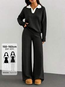 SHEIN PETITE WOMEN SOFT TOUCH POLO NECK SWEATER AND SWEATER PANT Two Pieces OUTFİT CO-ORDS COOL - Black - View 1