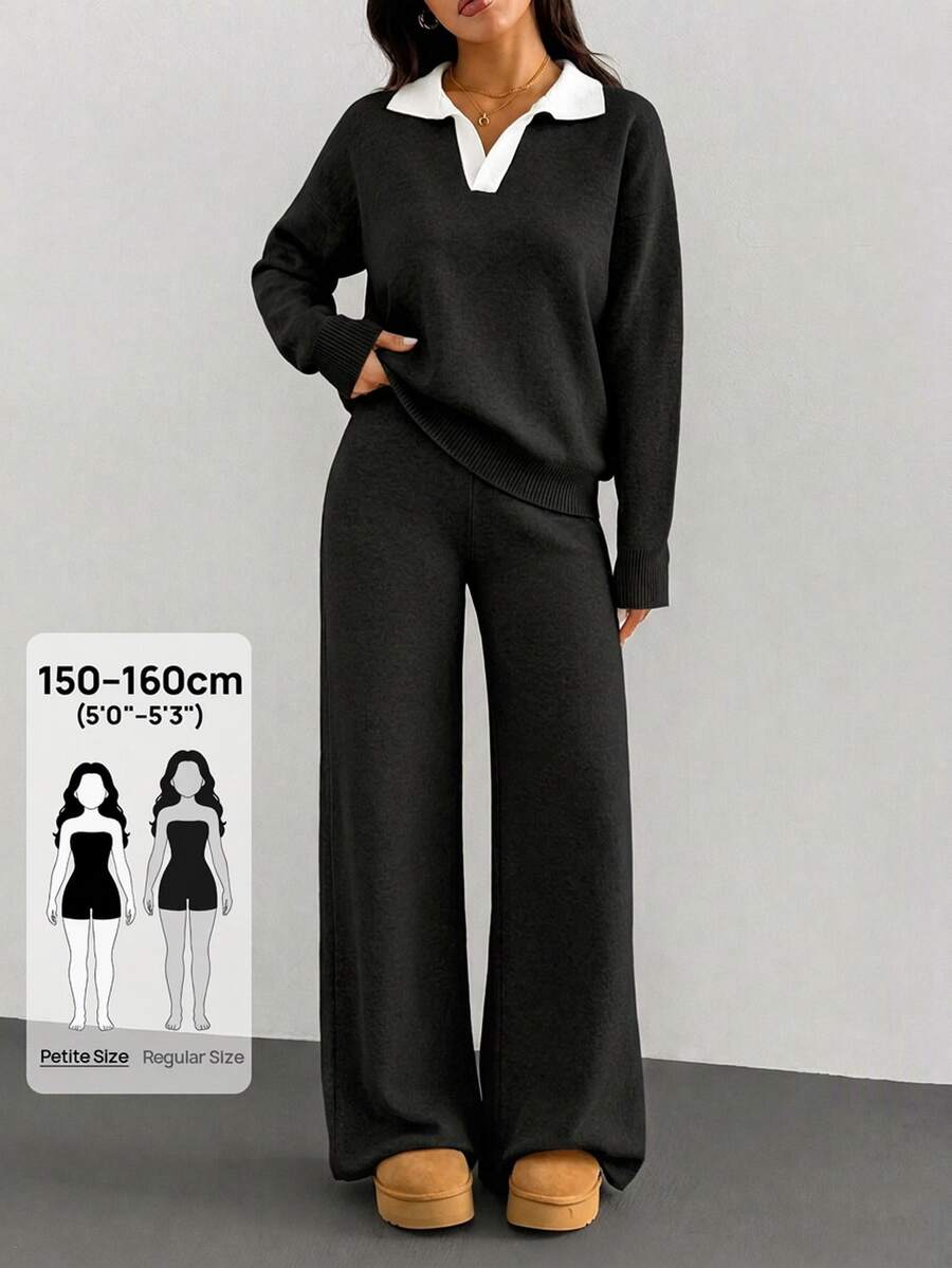 SHEIN PETITE WOMEN SOFT TOUCH POLO NECK SWEATER AND SWEATER PANT Two Pieces OUTFİT CO-ORDS COOL - Black - View 1